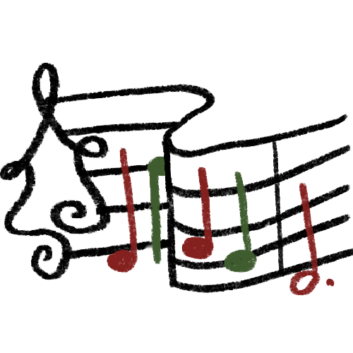  a music staff that is twisting. Instead of a treble or bass clef it has a christmas tree styled like a clef. The notes on the staff are coloured in alternating red and green and they are the opening notes to jingle bells